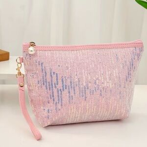 Pink Sequins Make Up Bag Wristlet Clutch